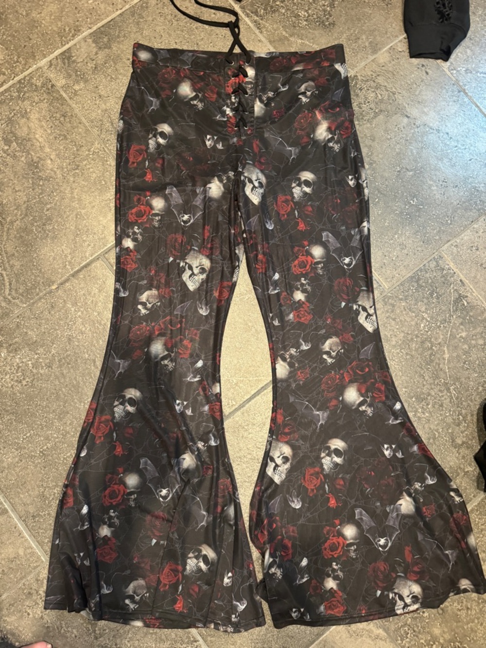 Killstar Black Floral Skull Lace-Up Flare Pants